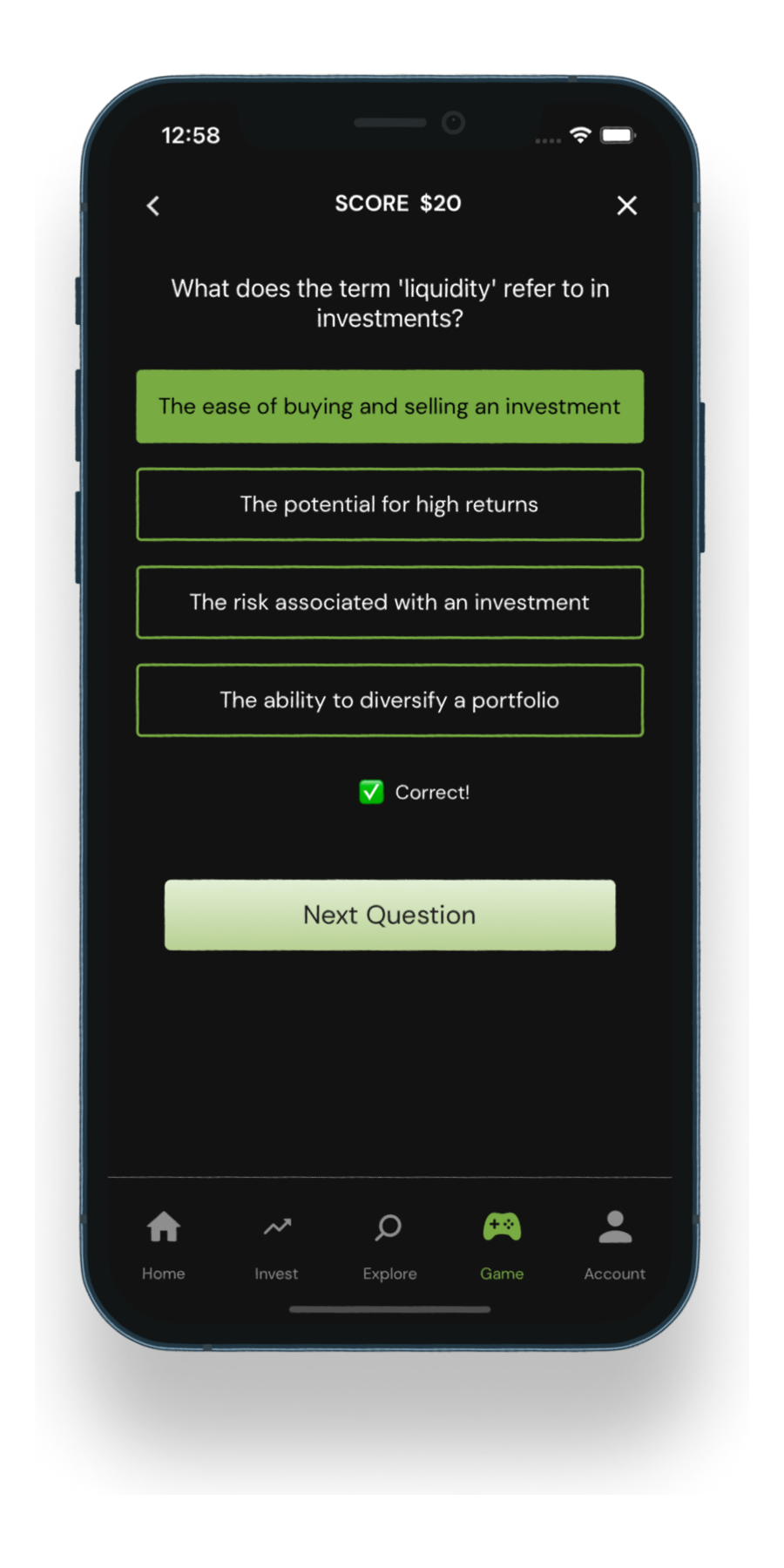 Redvest Quizzes screen