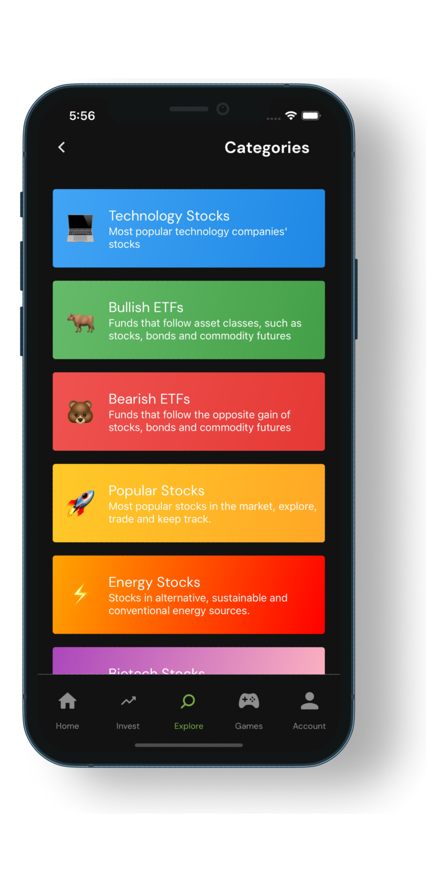 Redvest Stock Categories screen