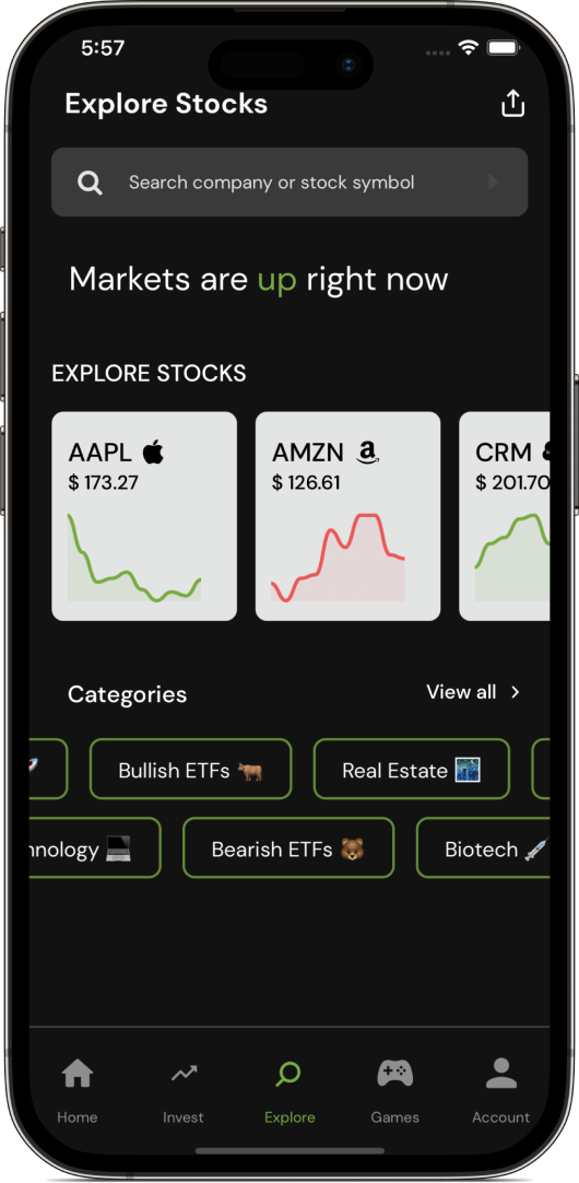 Redvest app showing stock exploration tools