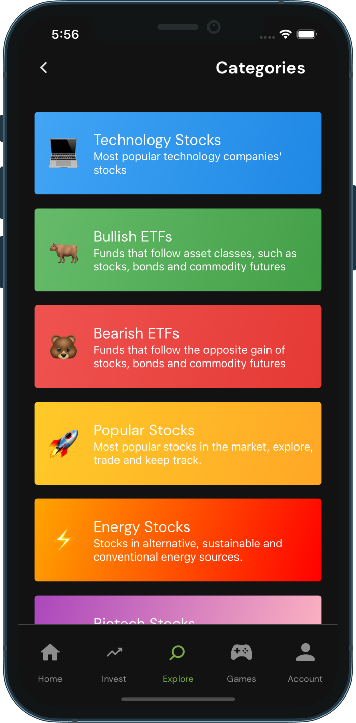Redvest stock and ETF categories in the mobile app