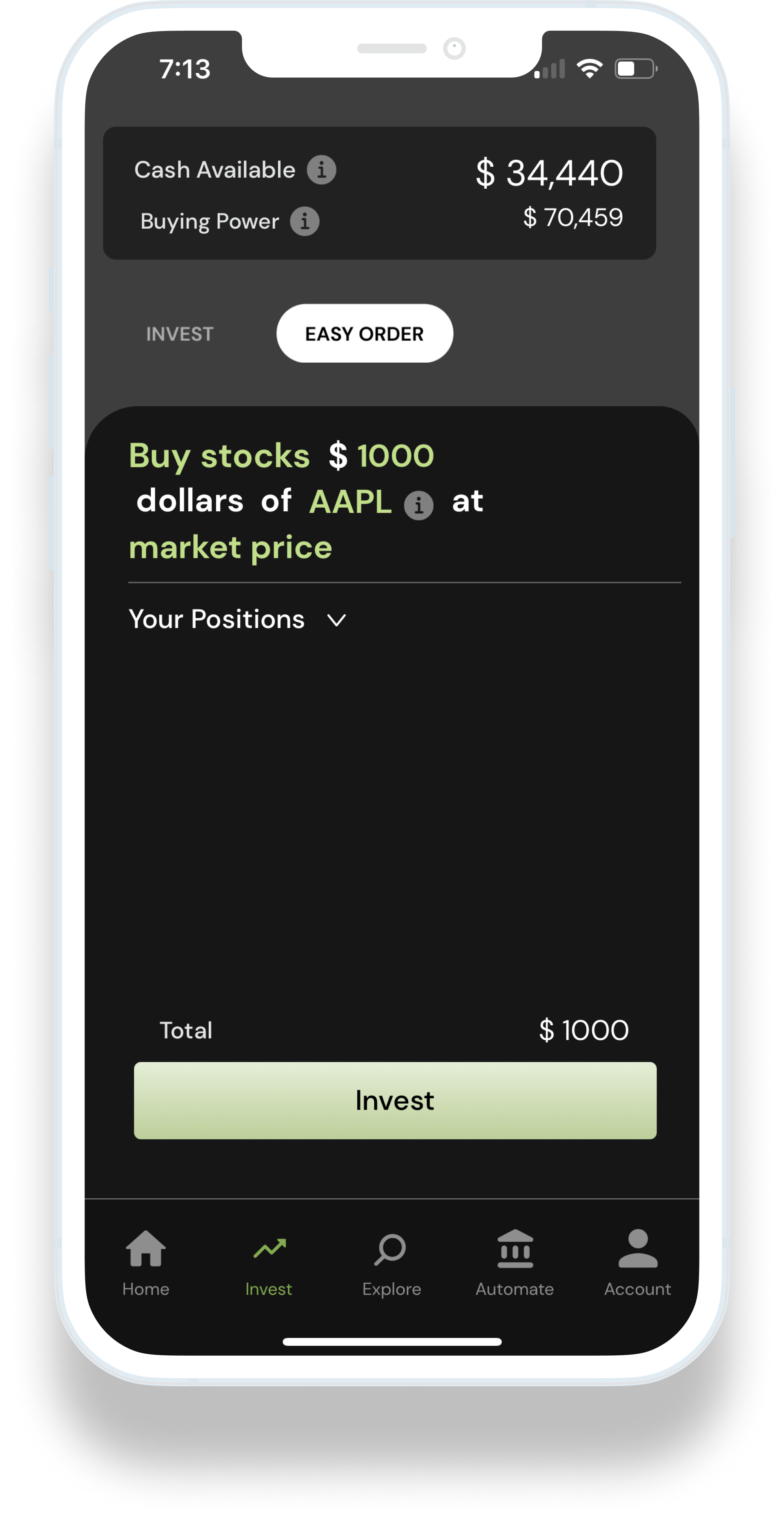 Redvest virtual stock order screen showing a practice investment